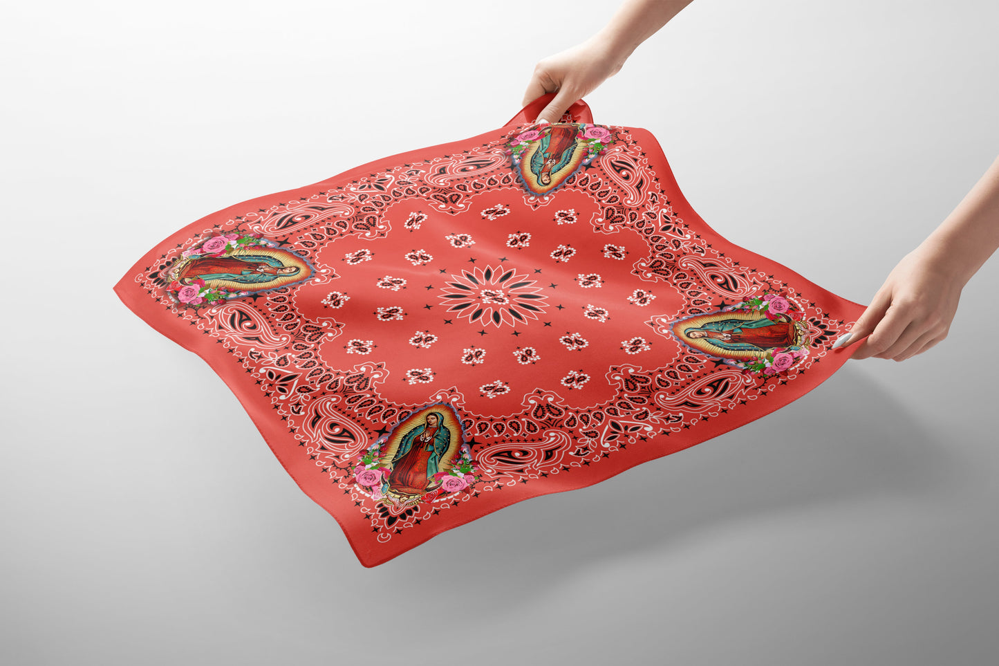 Red Paisley Bandana featuring Our Lady of Guadalupe - Catholic Devotional Headscarf