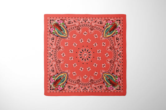 Red Paisley Bandana featuring Our Lady of Guadalupe - Catholic Devotional Headscarf