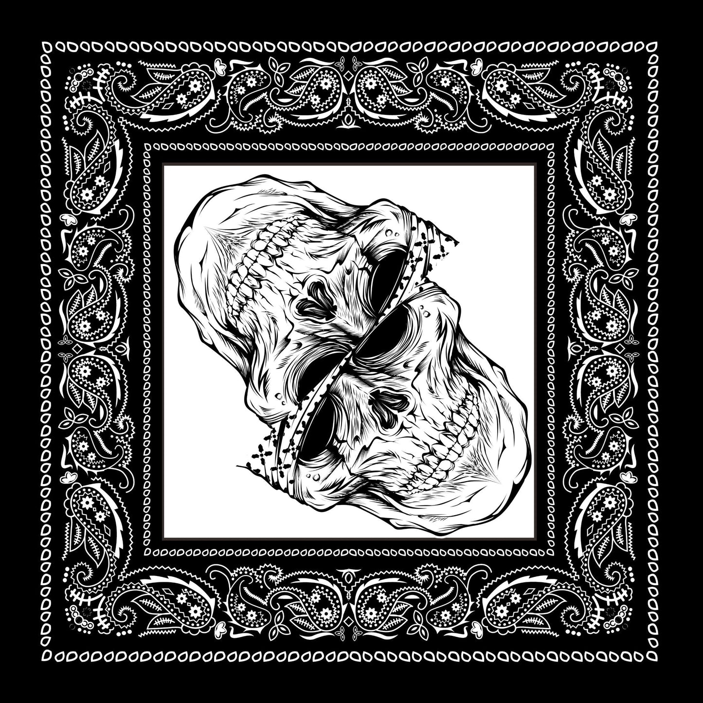 Black Bandana with Skulls and Paisley Border, Head Wrap for Rockers or Neck Scarf for a Goth Costume