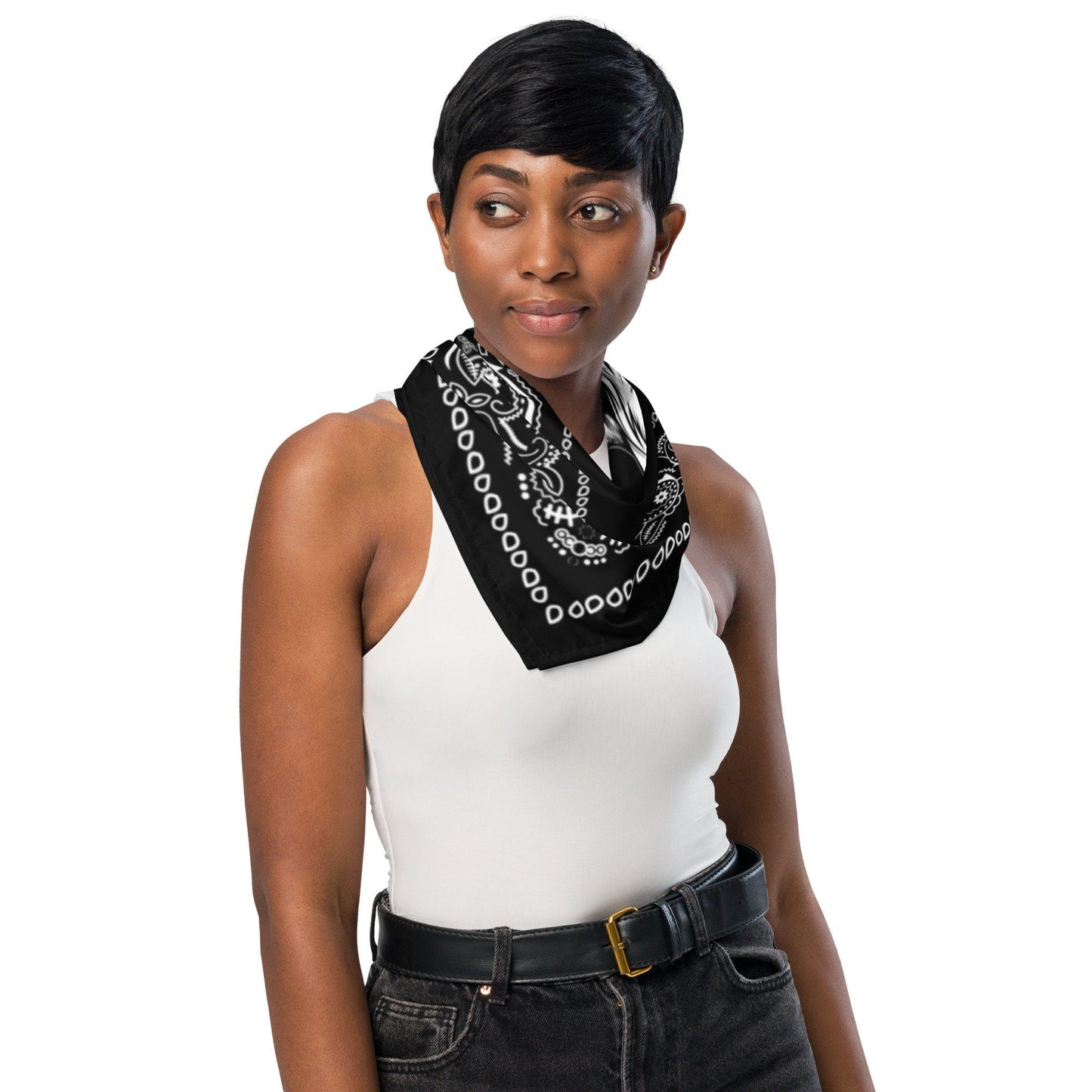 Black Bandana with Skulls and Paisley Border, Head Wrap for Rockers or Neck Scarf for a Goth Costume
