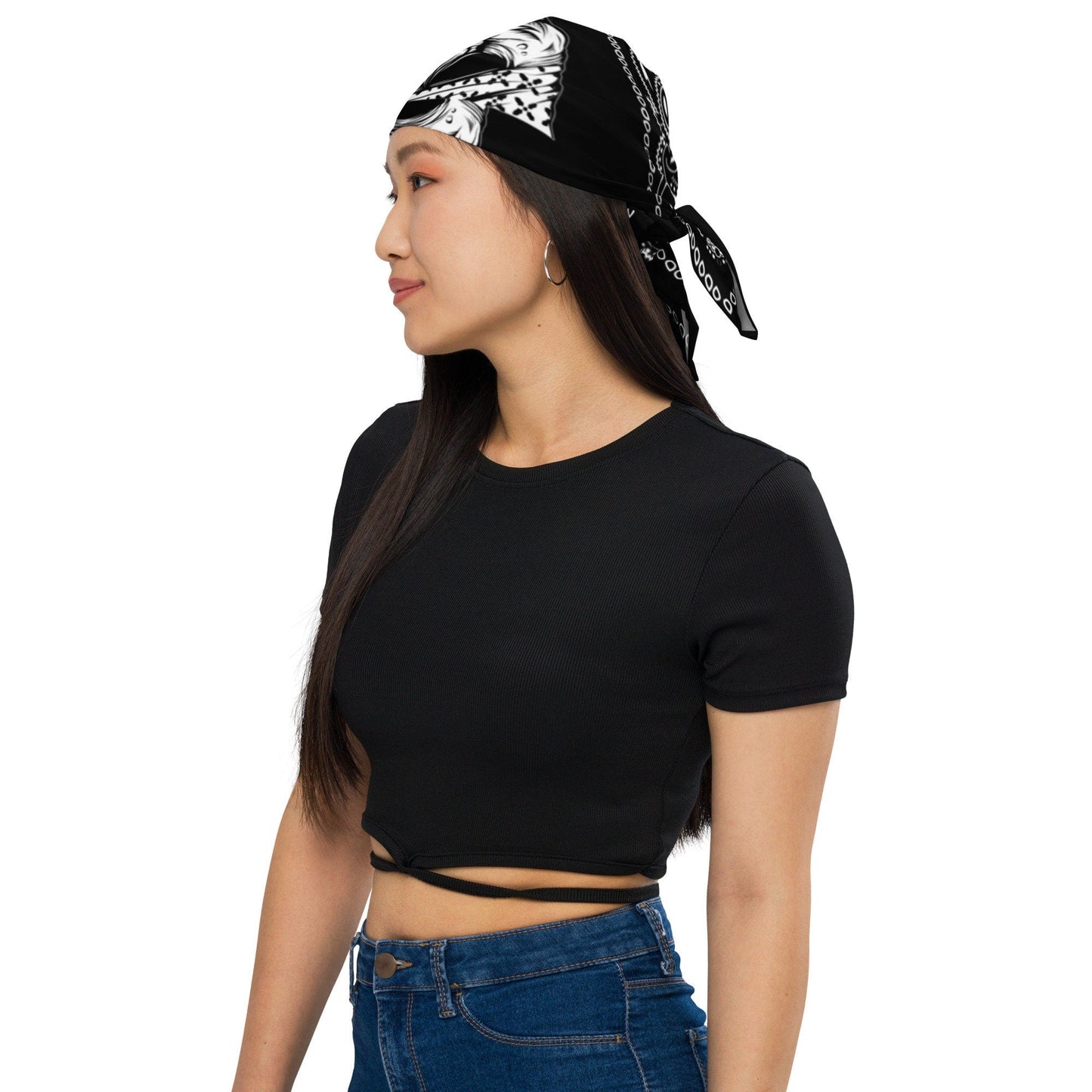 Black Bandana with Skulls and Paisley Border, Head Wrap for Rockers or Neck Scarf for a Goth Costume
