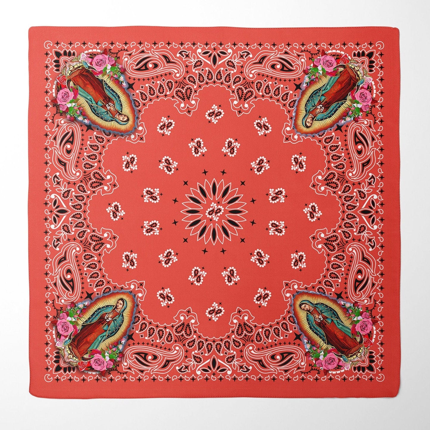 Virgin Mary, Our Lady of Guadalupe Paisley Red Bandana, Head Wrap, Altar Cloth or Scarf