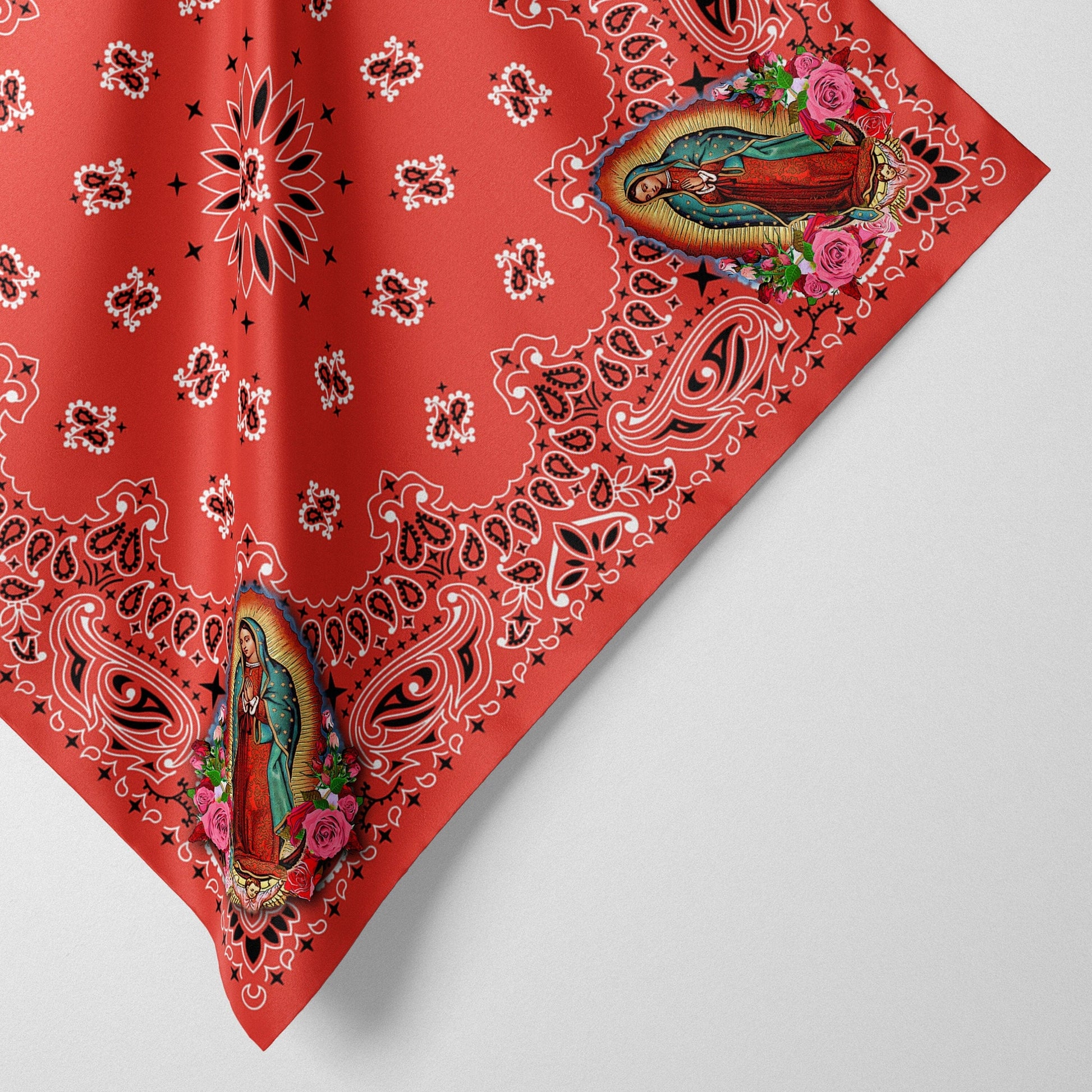 Virgin Mary, Our Lady of Guadalupe Paisley Red Bandana, Head Wrap, Altar Cloth or Scarf