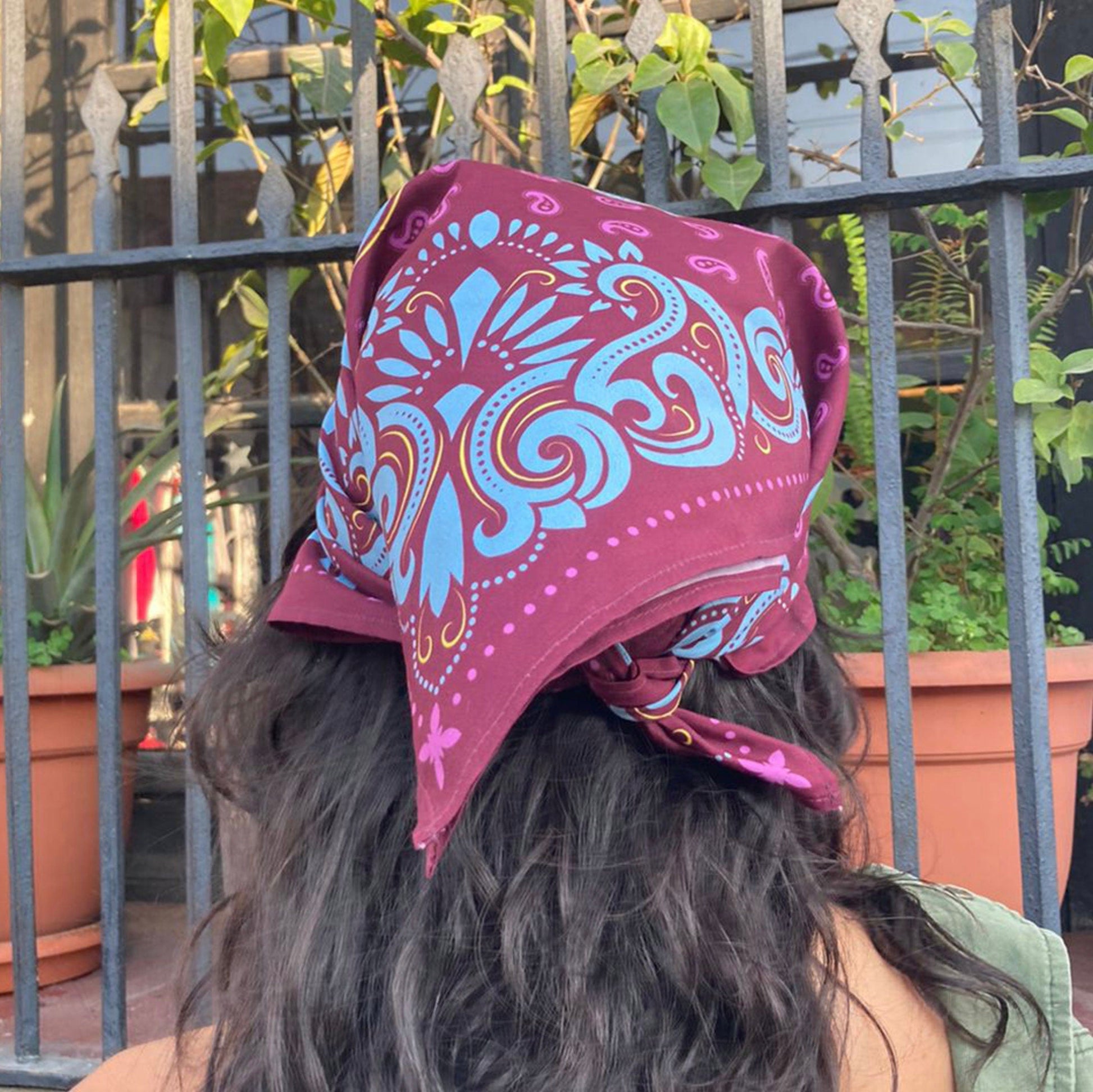 Burgundy Bandana with Ornate Pastel Blue Paisley Design, Head Wrap, Hair Scarf or Neck Scarf fabric square