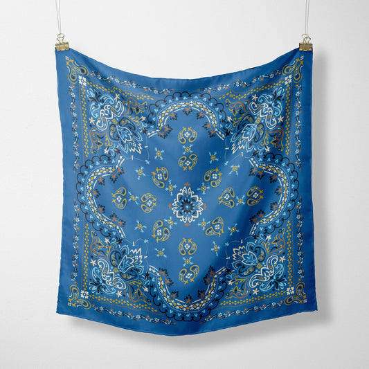 Ornate Blue Bandana, Chambray Royal Head Wrap, Hair Scarf or Sarong