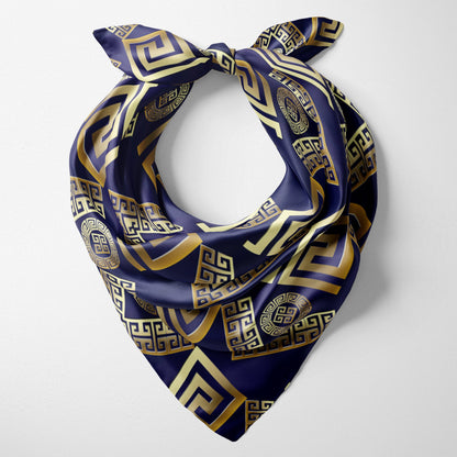 Baroque Blue Gold Bandana, Silky Satin or Matte Poplin Designer Head Wrap, Neckerchief, Hair Scarf or Neck Scarf