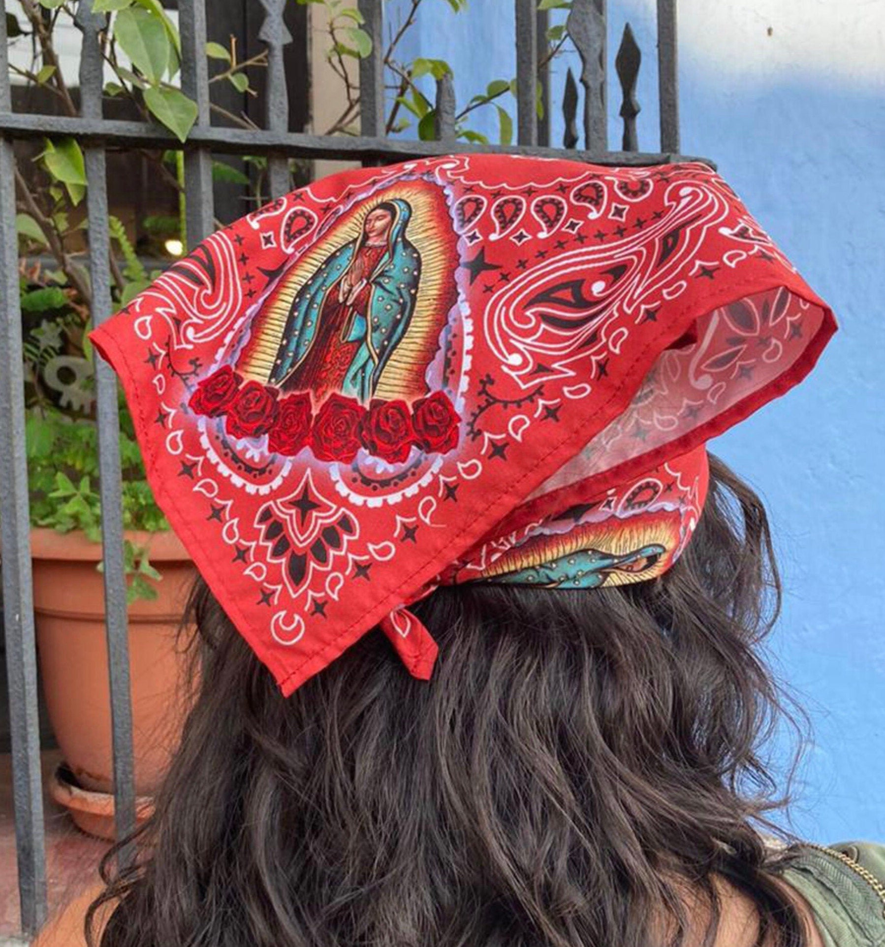 Virgin Mary, Our Lady of Guadalupe Paisley Red Bandana, Head Wrap, Altar Cloth or Scarf